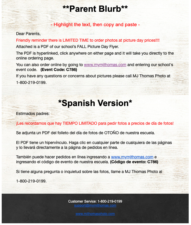 Picture ordering info in english and spanish